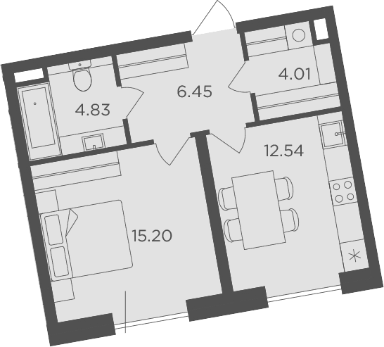 Планировка: 1-комнатная квартира 43 м² в ЖК «FORIVER»