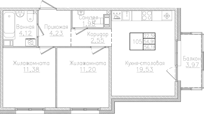 Планировка: Евротрёшка 55 м² в ЖК «Счастье 2.0»