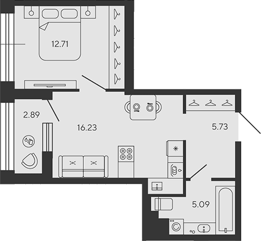 Планировка: Евродвушка 39,8 м² в ЖК «BASHNI ELEMENT»