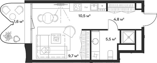 Планировка: Студия 30,5 м² в ЖК «Союз»