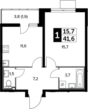 Планировка: 1-комнатная квартира 39,7 м² в ЖК «Южная Битца»