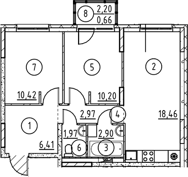 Планировка: Евротрёшка 53,3 м² в ЖК «Невская Долина»