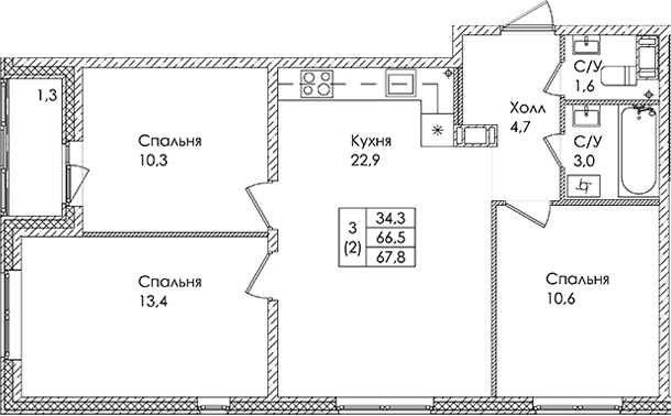 Планировка: 3-комнатная квартира 66,5 м² в ЖК «Ермак»