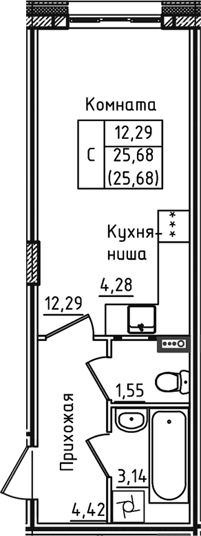 Планировка: Студия 25,7 м² в ЖК «Зеленый город»
