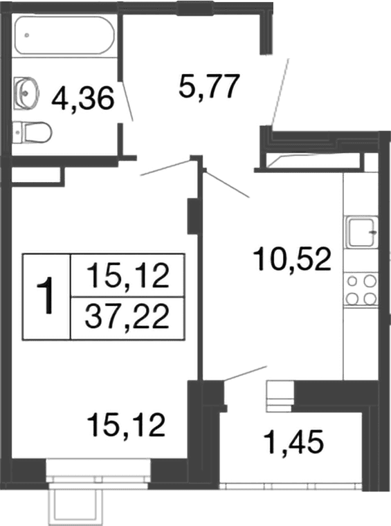 Планировка: 1-комнатная квартира 35,8 м² в ЖК «Времена года»