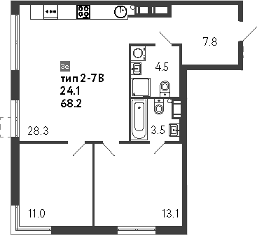 Планировка: Евротрёшка 68,2 м² в ЖК «Струны»