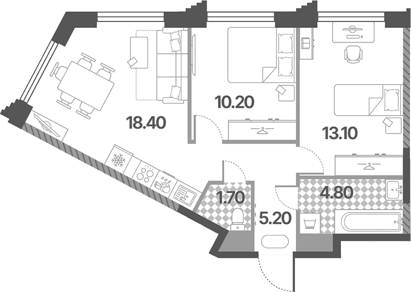 Планировка: Евротрёшка 53,4 м² в ЖК «Обручева 30»