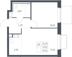 Планировка: Евродвушка 37,9 м² в ЖК «Томилино Парк»