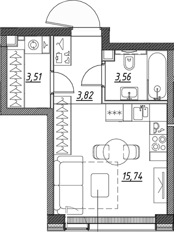 Планировка: Студия 26,6 м² в ЖК «Веер»