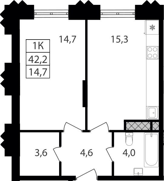 Планировка: 1-комнатная квартира 42,2 м² в ЖК «Варшавские ворота»
