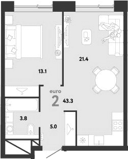 Планировка: Евродвушка 43,3 м² в ЖК «Страна.Заречная»