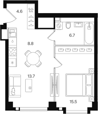 Планировка: Евродвушка 49,3 м² в ЖК «АУРА»