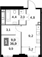 Планировка: 1-комнатная квартира 33,7 м² в ЖК «Сидней Сити»