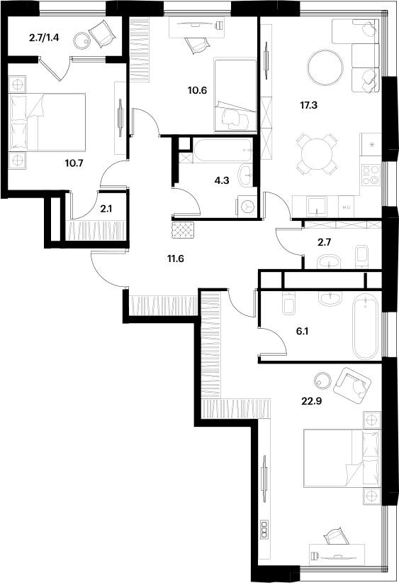 Планировка: Квартира евро-4 88,3 м² в ЖК «АЛИА»