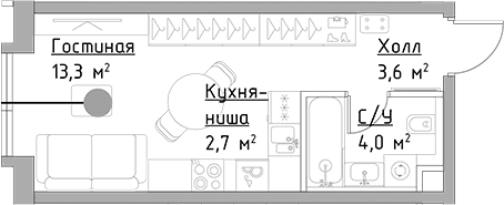 Планировка: Студия 23,6 м² в ЖК «Левел Павелецкая Сити»