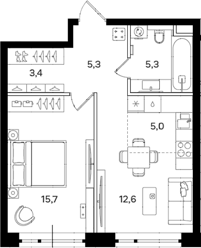 Планировка: Евродвушка 47,3 м² в ЖК «Мангазея на Речном»