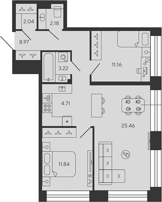 Планировка: Евротрёшка 69,1 м² в ЖК «BASHNI ELEMENT»