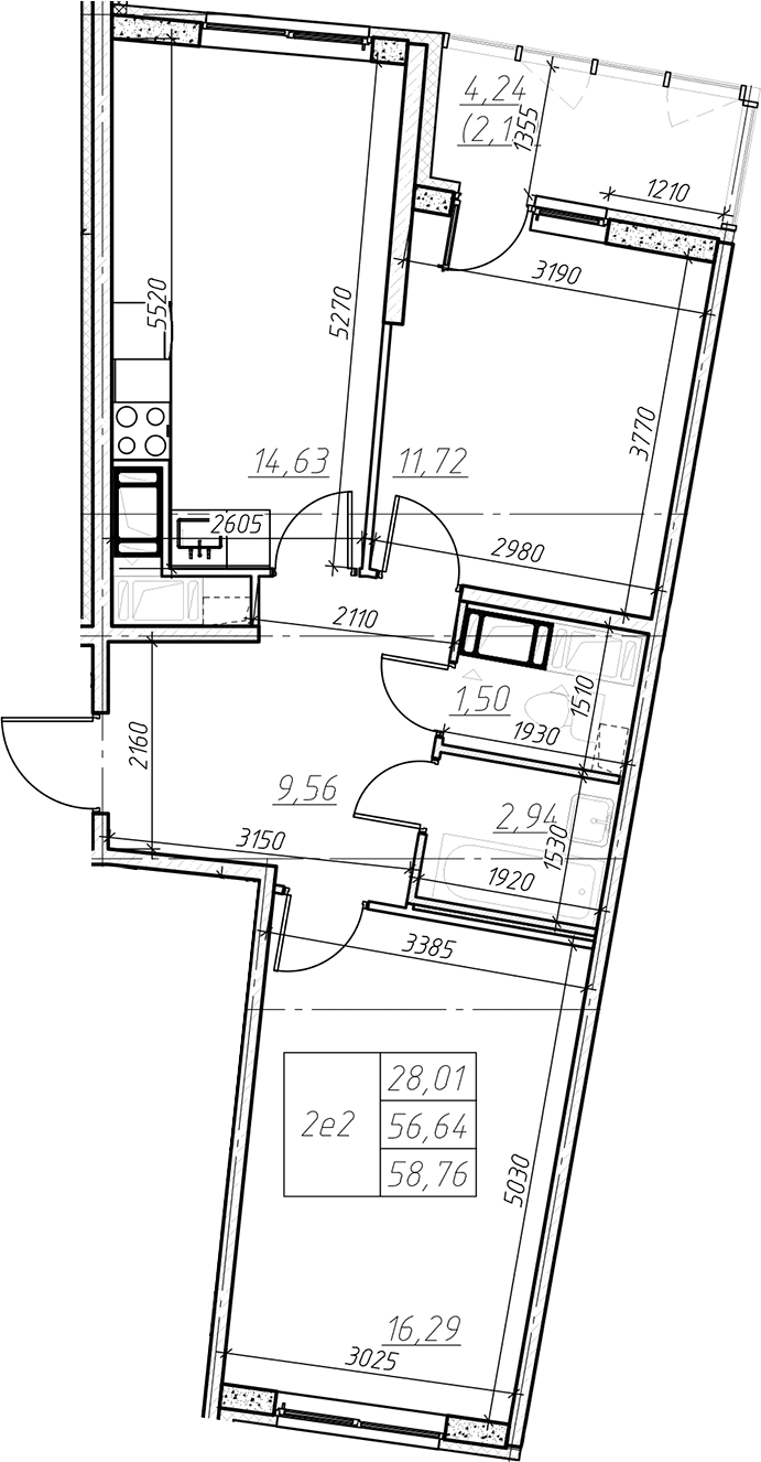 Планировка: Евротрёшка 56,6 м² в ЖК «Левитан»