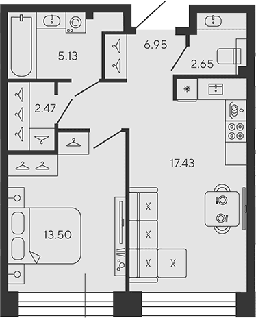 Планировка: Евродвушка 48,1 м² в ЖК «BASHNI ELEMENT»