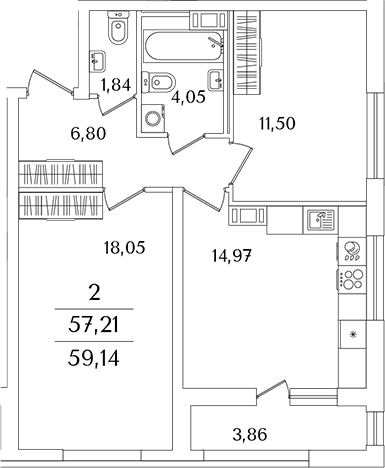 Планировка: 2-комнатная квартира 57,2 м² в ЖК «Лайнеръ»