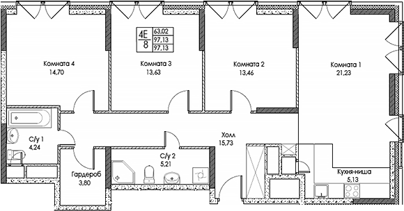Планировка: Квартира евро-4 97,1 м² в ЖК «ЭВОПАРК Сокольники»