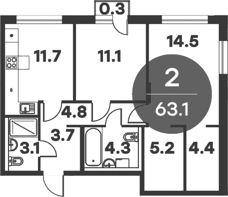Планировка: 2-комнатная квартира 62,8 м² в ЖК «Равновесие»