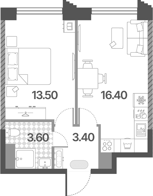 Планировка: Евродвушка 36,9 м² в ЖК «Обручева 30»