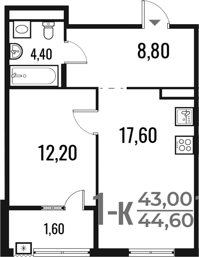 Планировка: 1-комнатная квартира 43 м² в ЖК «Новое Летово»
