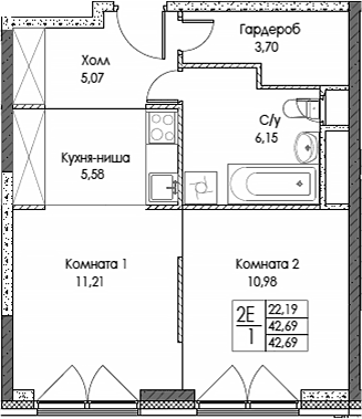 Планировка: Евродвушка 42,7 м² в ЖК «ЭВОПАРК Сокольники»