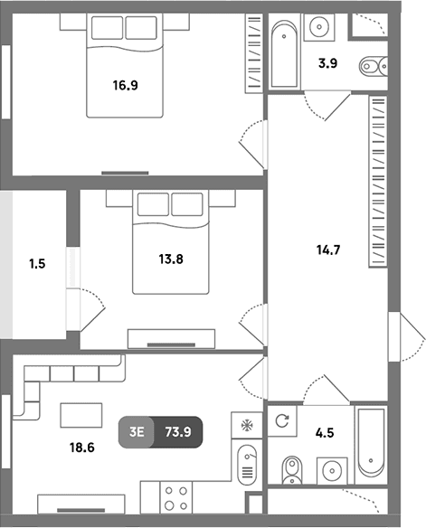 Планировка: Евротрёшка 72,4 м² в ЖК «Проспект 39»