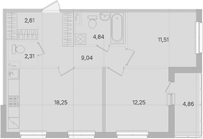 Планировка: Евротрёшка 60,8 м² в ЖК «Ясно.Янино»