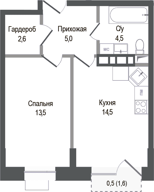 Планировка: 1-комнатная квартира 40,1 м² в ЖК «Киноквартал»