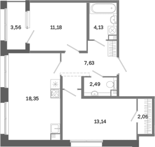 Планировка: Евротрёшка 59 м² в ЖК «Дом на Курской»