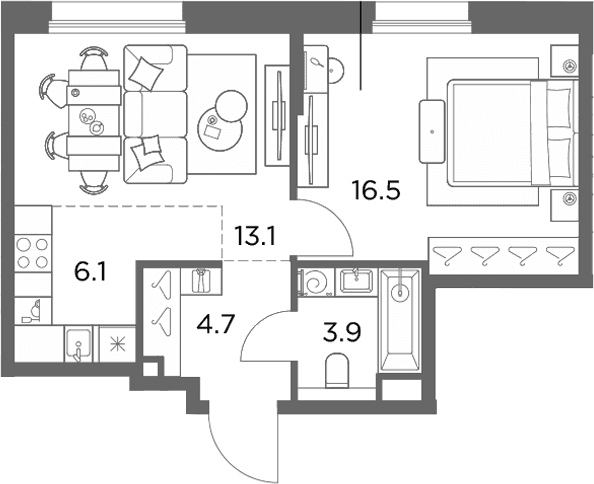 Планировка: Евродвушка 44,3 м² в ЖК «Станиславский»