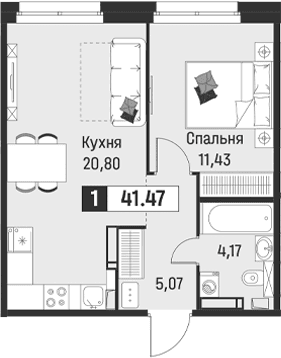 Планировка: Евродвушка 41,5 м² в ЖК «Символист»