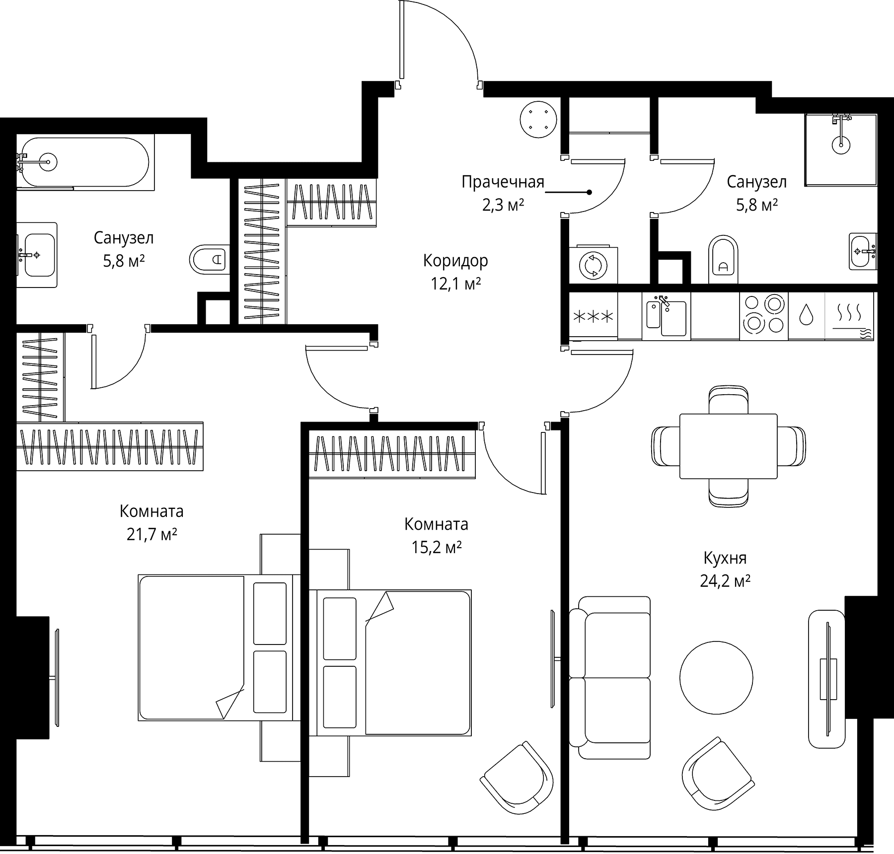 Планировка: Евротрёшка 87,1 м² в ЖК «ОНЕ»