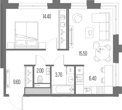 Планировка: Евродвушка 51,6 м² в ЖК «Легенда на Охте»