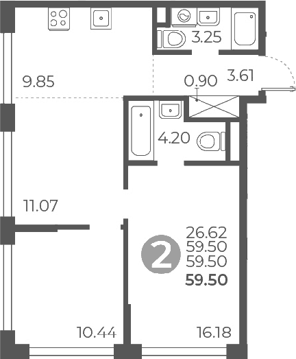 Планировка: 2-комнатная квартира 59,5 м² в ЖК «Мневники от Гранель»