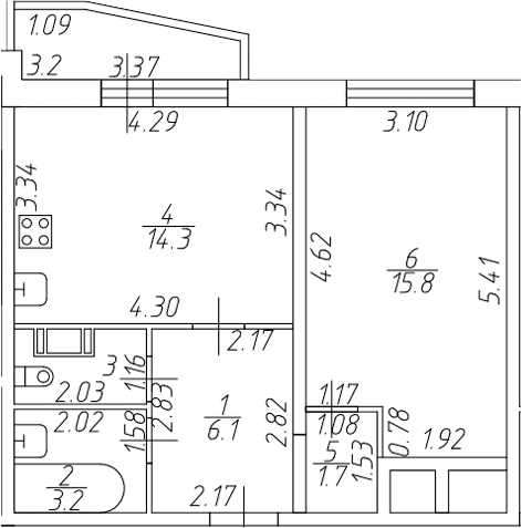Планировка: 1-комнатная квартира 43,1 м² в ЖК «Тандем»