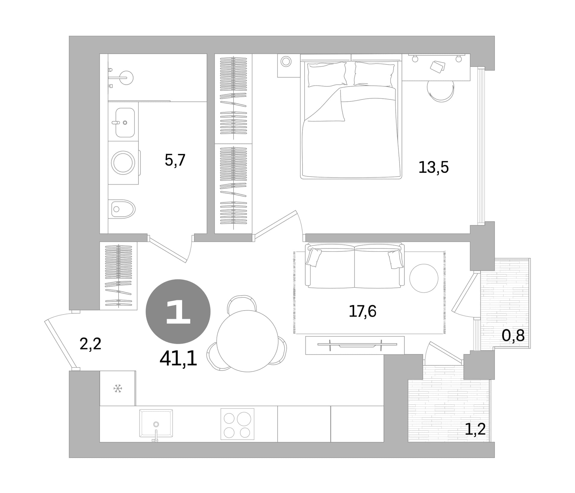Планировка: 1-комнатная квартира 39,1 м² в ЖК «Северный ветер»