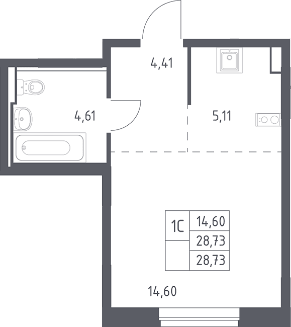 Планировка: Студия 28,7 м² в ЖК «Рублевский квартал»