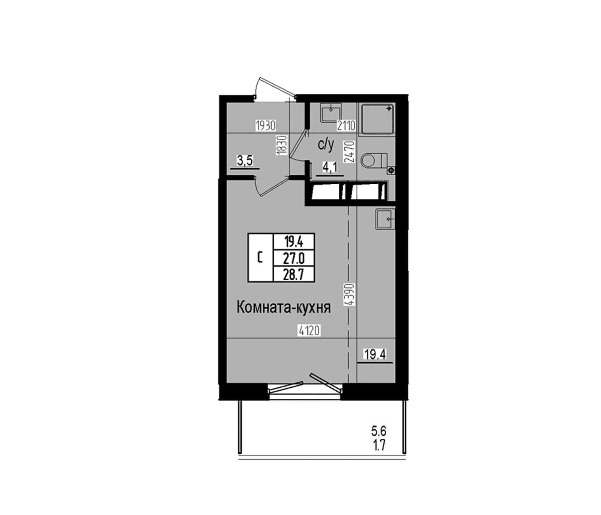 Планировка: Студия 27 м² в ЖК «Прагма Сити»