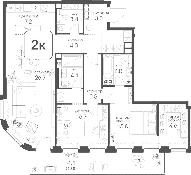 Планировка: 2-комнатная квартира 92,6 м² в ЖК «Муза»