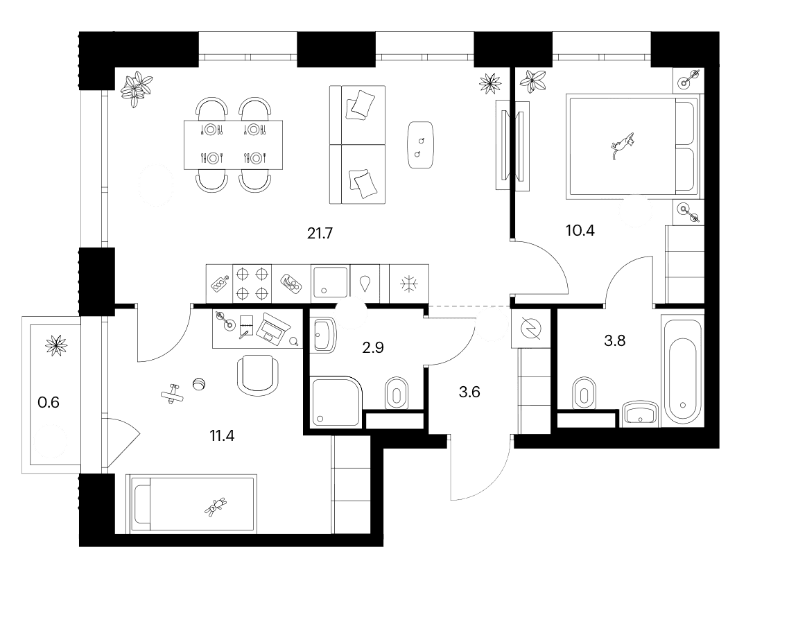 Планировка: 2-комнатная квартира 53,8 м² в ЖК «Строгино 360»