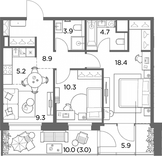 Планировка: Евротрёшка 66,6 м² в ЖК «Станиславский»