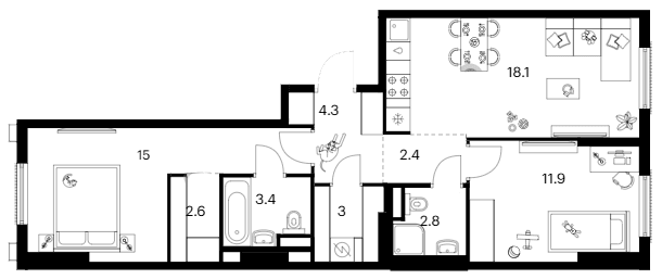 Планировка: 2-комнатная квартира 63,5 м² в ЖК «Москворечье»