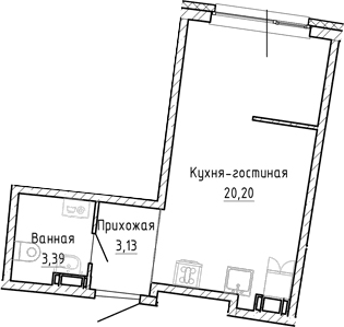 Планировка: Студия 26,7 м² в ЖК «Аквилон Рива»