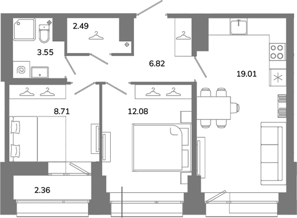 Планировка: Евротрёшка 52,7 м² в ЖК «Твой Космос»