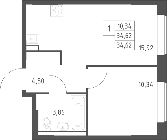 Планировка: Евродвушка 34,6 м² в ЖК «Большое Юрлово»