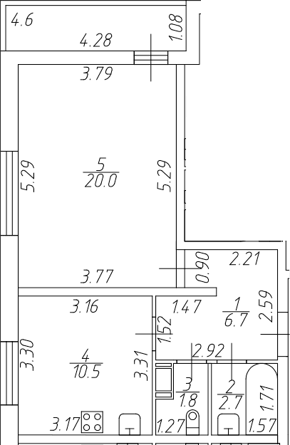 Планировка: 1-комнатная квартира 41,7 м² в ЖК «Тандем»